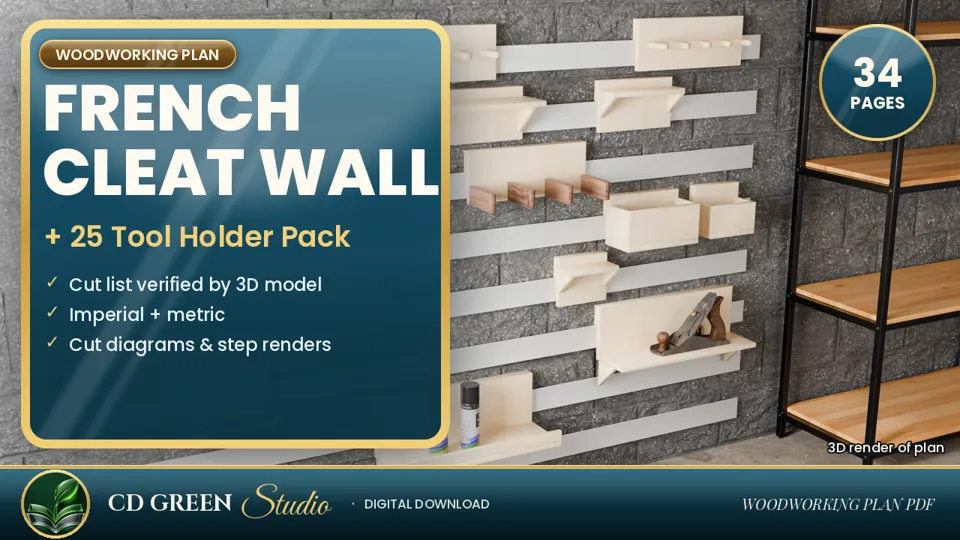 French Cleat Wall + 25 Tool Holder Plans – Garage Storage Woodworking Plan PDF cover