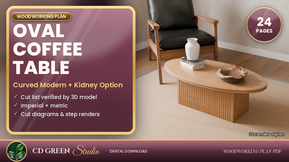 Oval Coffee Table Plans with Fluted Base – Curved Modern Woodworking Plan PDF (Kidney Template Included) cover