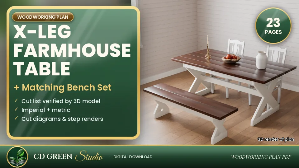 X-Leg Farmhouse Table & Bench Plans – 6 ft Dining Set Woodworking Plan PDF cover