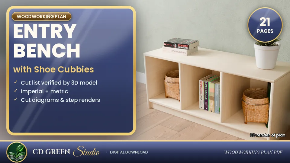 Entryway Bench with Cubbies Plans – Mudroom Shoe Storage Bench Woodworking Plan PDF cover
