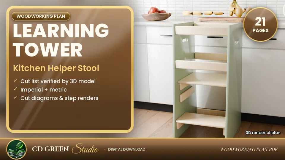 Montessori Learning Tower Plans – Kitchen Helper Woodworking Plan PDF (Adjustable Platform) cover