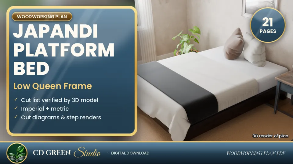 Japandi Platform Bed Plans – Low Queen Bed Frame Woodworking Plan PDF (Twin–King Sizes Table) cover