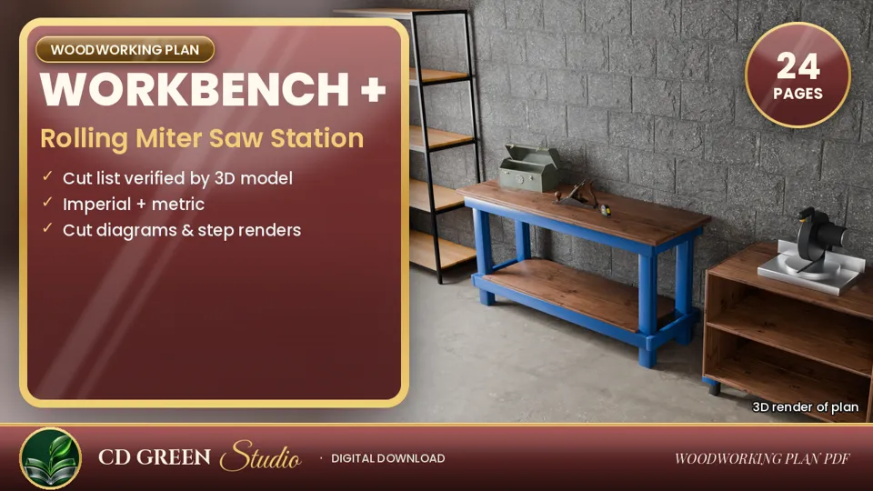 2x4 Workbench & Rolling Miter Saw Station Plans – Garage Shop Woodworking Plan PDF cover