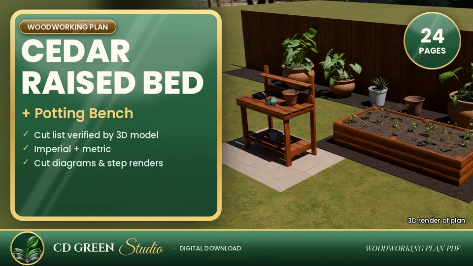Cedar Raised Garden Bed & Potting Bench Plans – 4x8 Garden Woodworking Plan PDF cover
