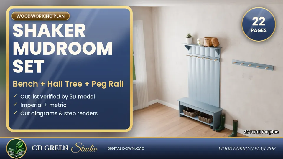 Shaker Mudroom Set Plans – Entry Bench, Hall Tree Wall and Peg Rail Woodworking Plan PDF cover