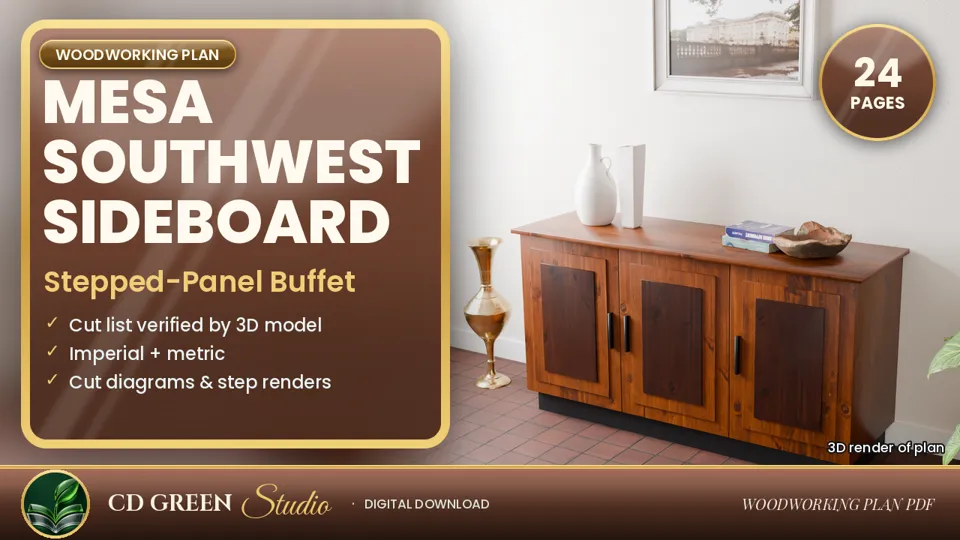 Mesa Southwest Sideboard Plans – Modern Spanish Colonial Buffet Cabinet with Stepped Door Panels, Woodworking Plan PDF cover