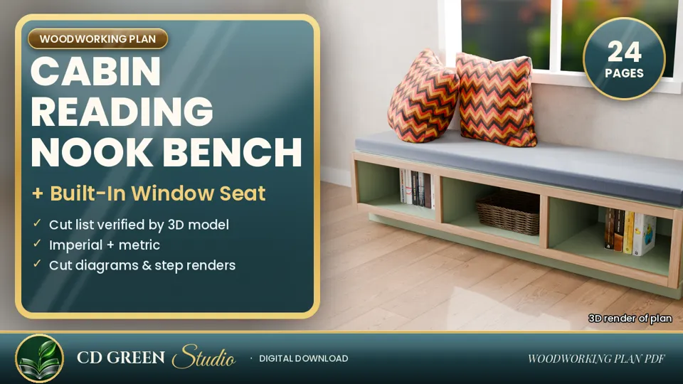 Reading Nook Bench and Window Seat Plans – Built-In Storage Bench Woodworking Plan PDF with Cushion Sizing cover