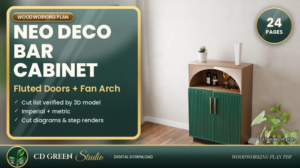 Neo Deco Fluted Bar Cabinet Plans – Fan-Arch Home Bar Cabinet with Fluted Doors, Woodworking Plan PDF cover