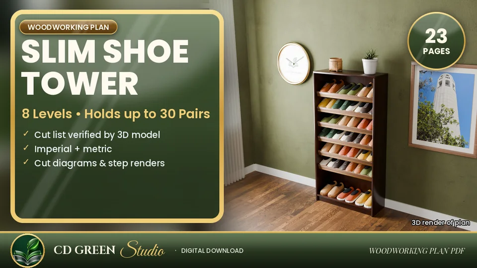 Shoe Tower Plans – Slim 8-Level Vertical Shoe Rack Woodworking Plan PDF, Angled Shelves, Holds 30 Pairs cover