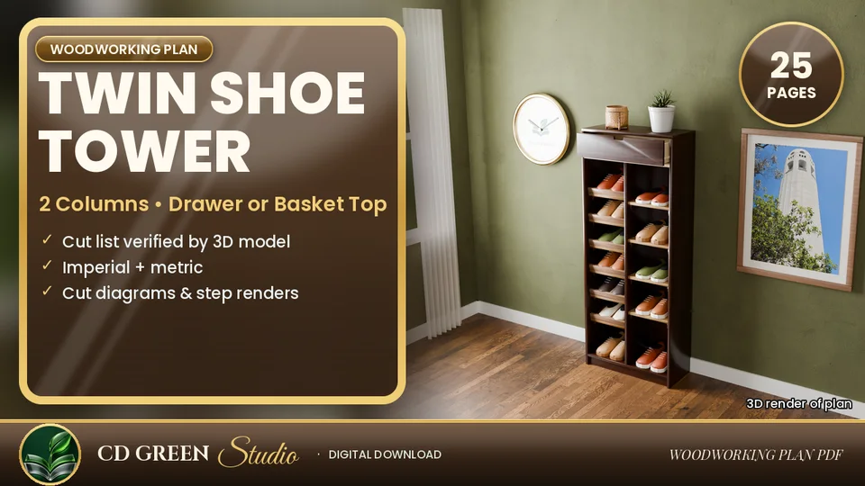 Twin Column Shoe Tower Plans – Drawer or Basket Top, Tall Slim Shoe Rack Woodworking Plan PDF, Angled + Flat Shelves cover