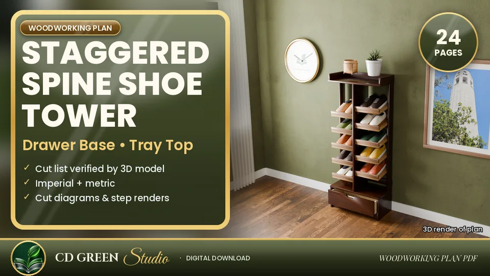 Staggered Shoe Tower Plans – Alternating Angled Shelves, Drawer Base, Tray Top, Woodworking Plan PDF cover