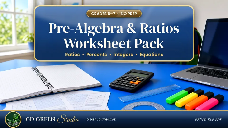 Pre-Algebra & Ratios Worksheet Pack – Grades 6–7 cover